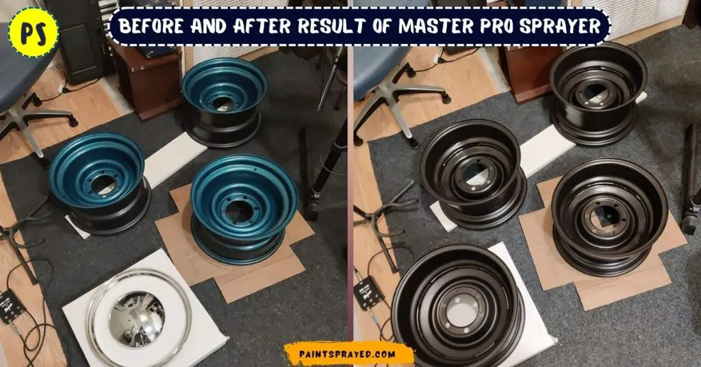 before and after results of rims painted with Master Pro 44 series spray gun